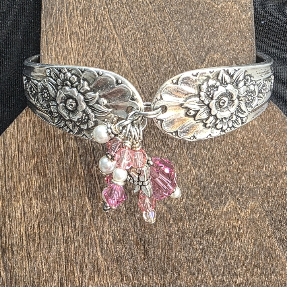 Vintage Silverware Spoon Bracelet | Pink Crystal & Pearl Charm Cuff | Size 6.5–7